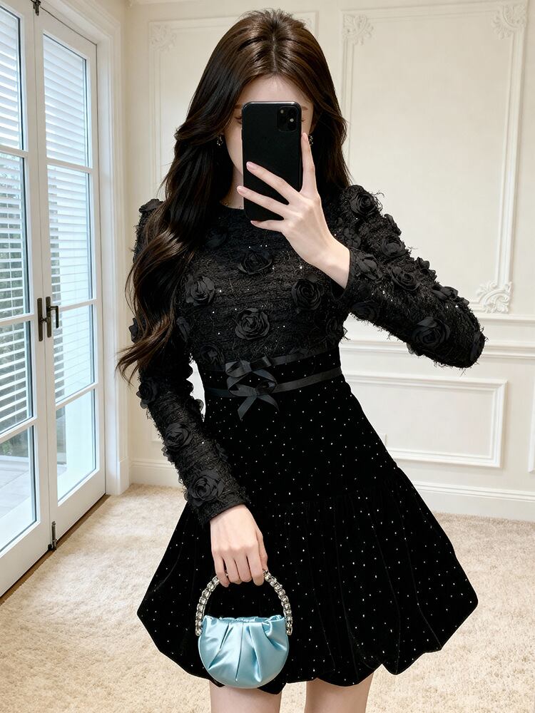 【dress】立体感バラベルベットワンピース Q7506