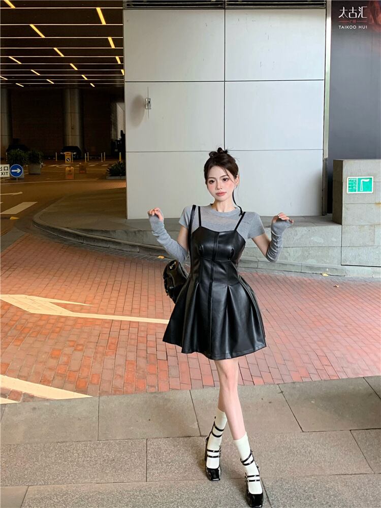 【set】ニットトップス×PUキャミワンピースセット　M27925