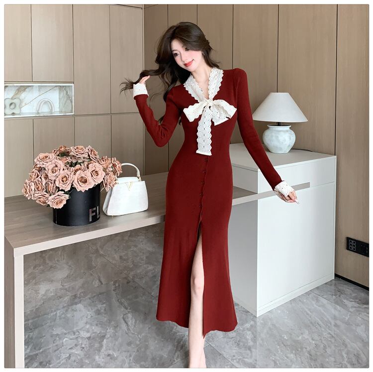 【dress】リボン付きニットワンピース　M27841