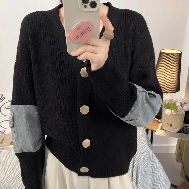 【tops】Vネックデニムドッキングニットトップス Q6369