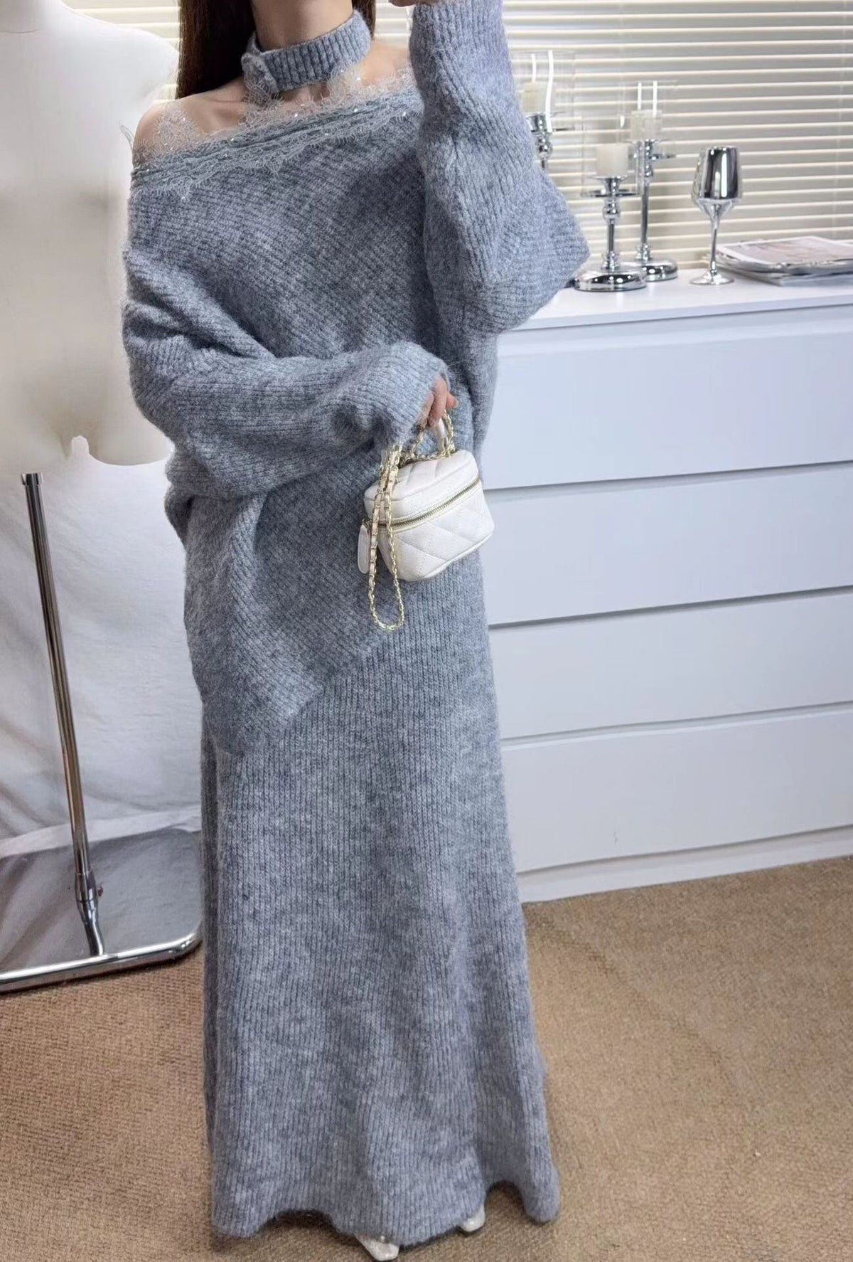 【set】レースドッキングニットトップス×ロングスカートセット Q6952