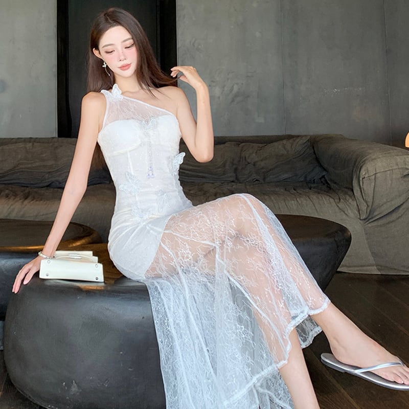 【dress】ワンショルダーレースマーメイドワンピース Q7975