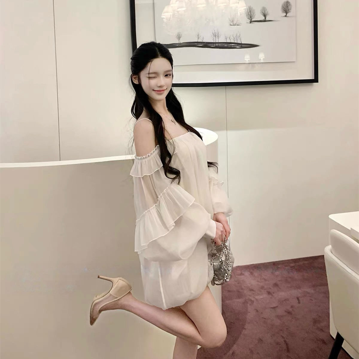 【dress】パフスリーブバルーンミニワンピース　N3581