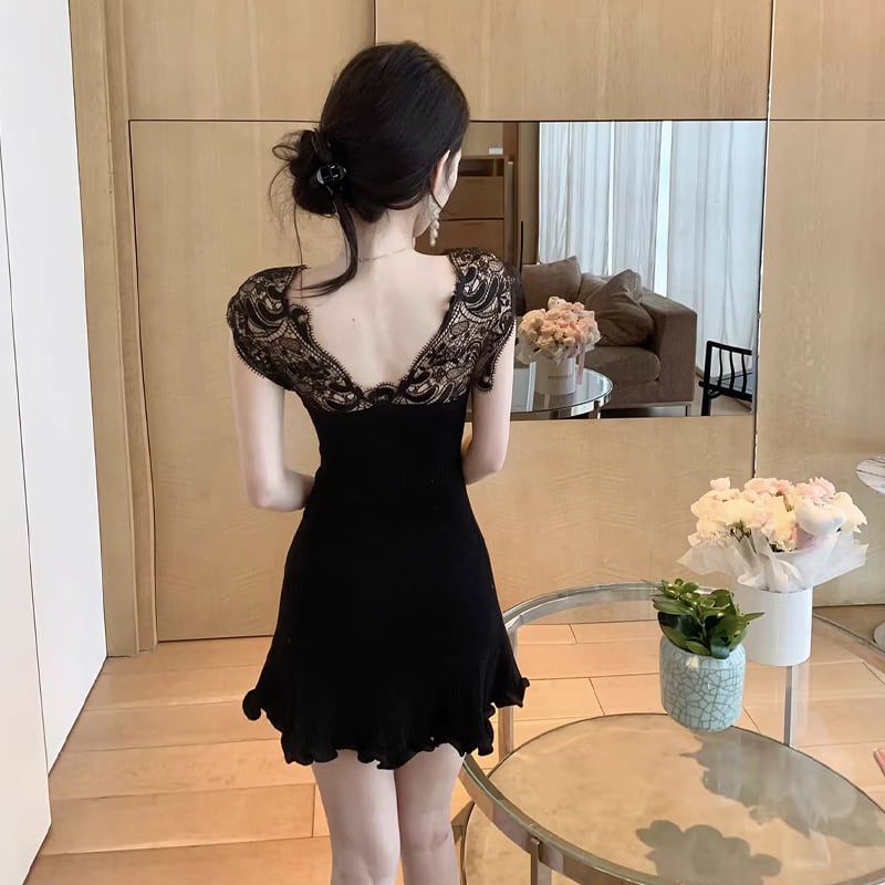 【dress】ノースリーブレースドッキングミニワンピース Q8469