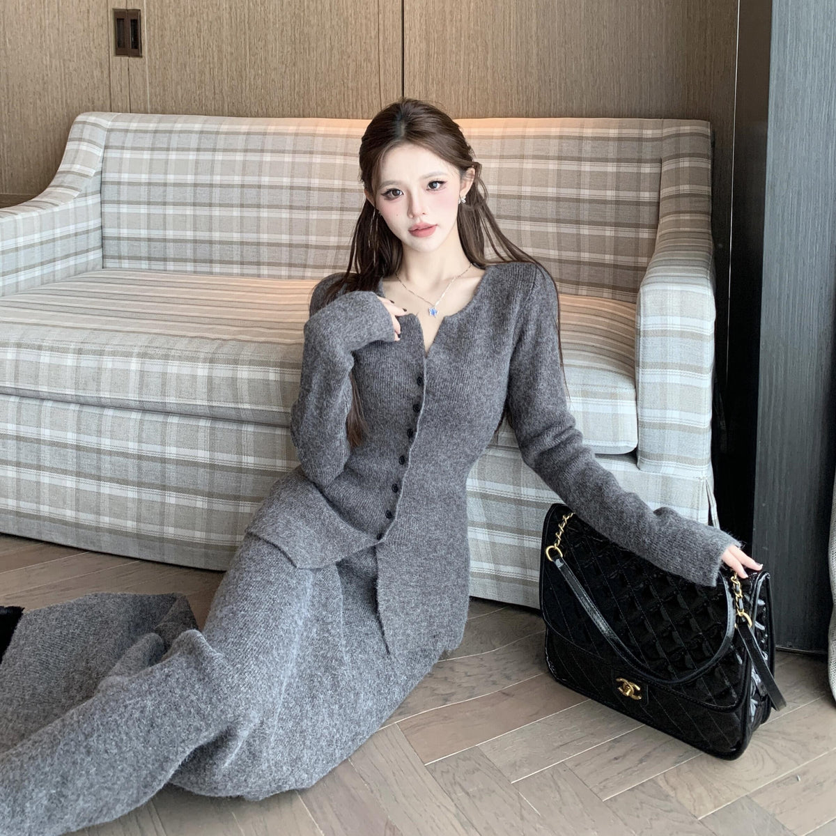 【set】Ⅴネックニットカーディガン×ロングスカートセット　N2764