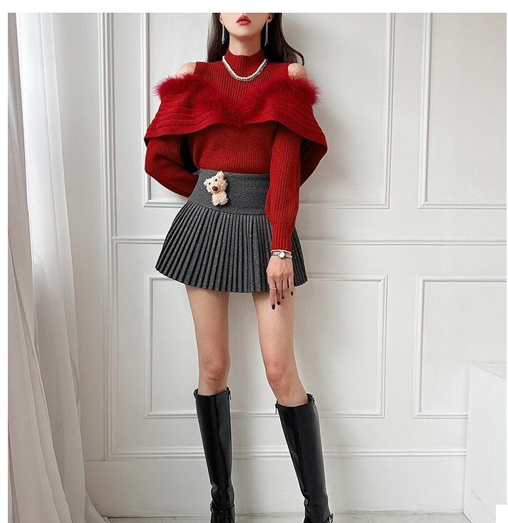 【tops】オフショルダーファーニットトップス　M28998