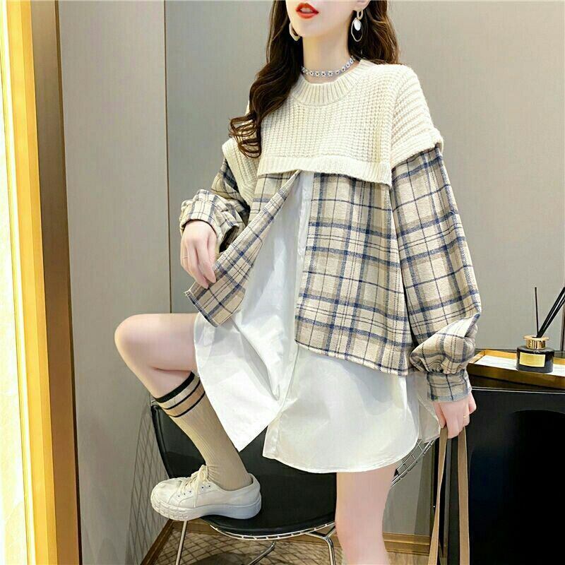 【tops】クルーネックドッキングニットセーター　M18345
