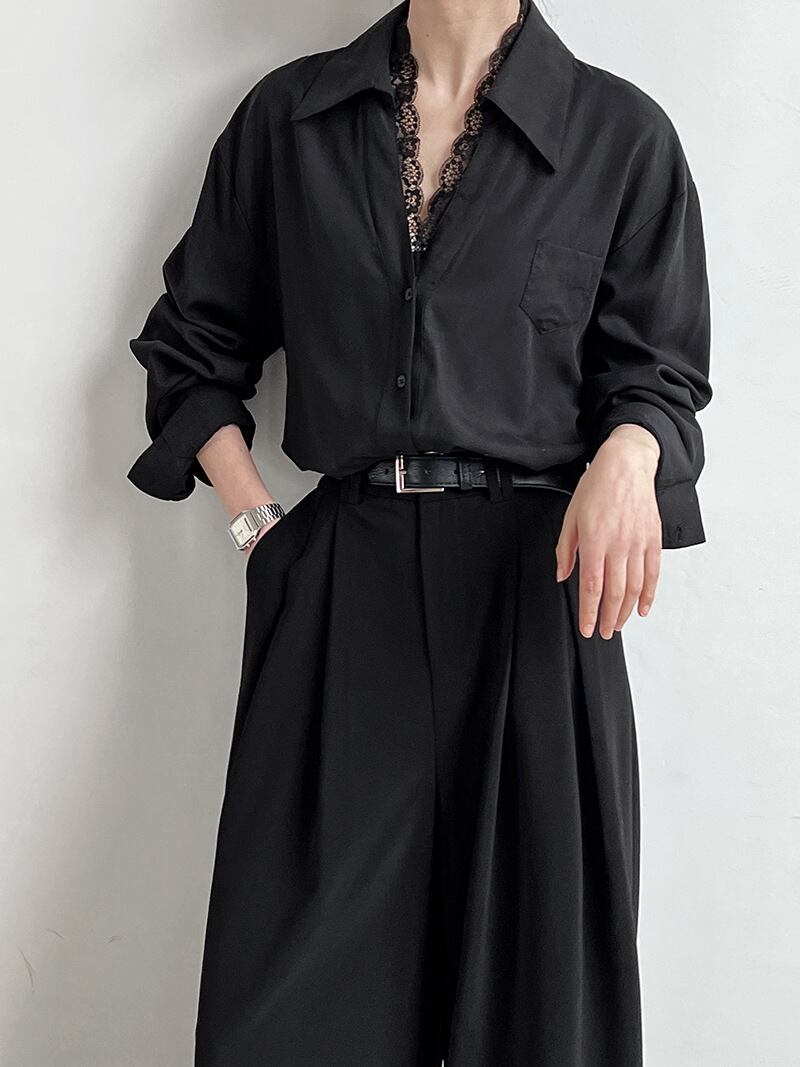 【tops】レース切り替えシャツブラウス　M29946