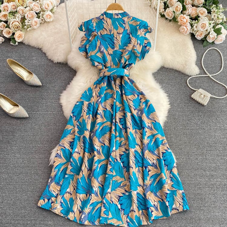 【dress】オシャレ度満点〜夏新作海旅行4色バンドカラー花柄配色シフォンワンピースF5110