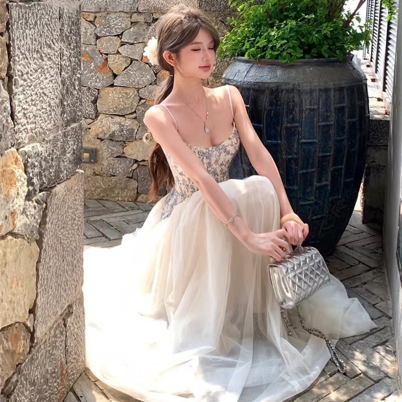 【dress】チュールドッキング花柄キャミワンピース Q8398