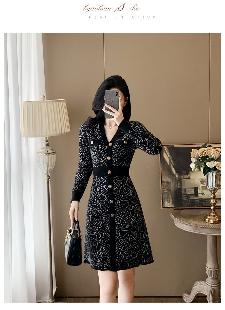 【dress】ジャカードVネックニットワンピース　M27683