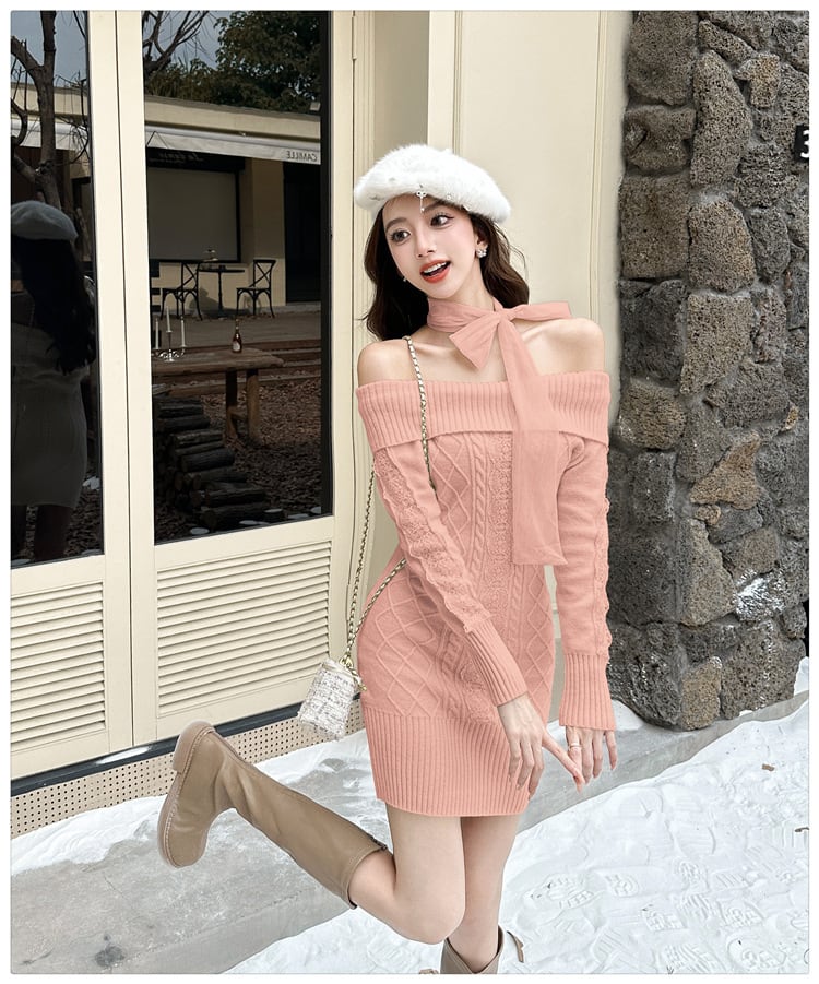【dress】リボンオフショルニットワンピース　N2855