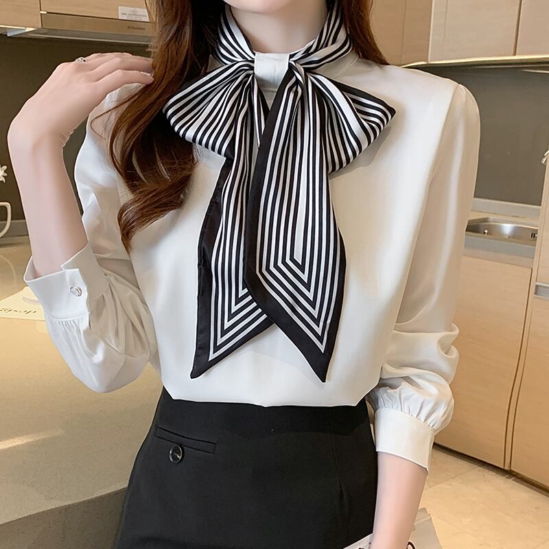 【tops】オシャレ度満点〜2色タイカラー長袖韓国風配色おしゃれ着回しブラウスF1765