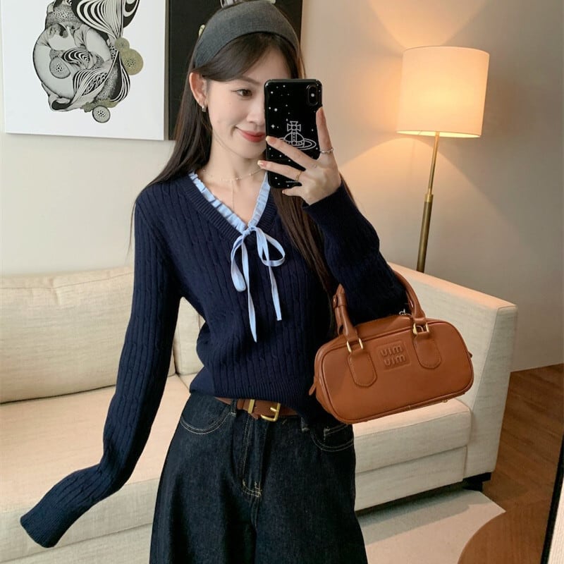 【tops】Vネックリボン付きニットトップス　M27739