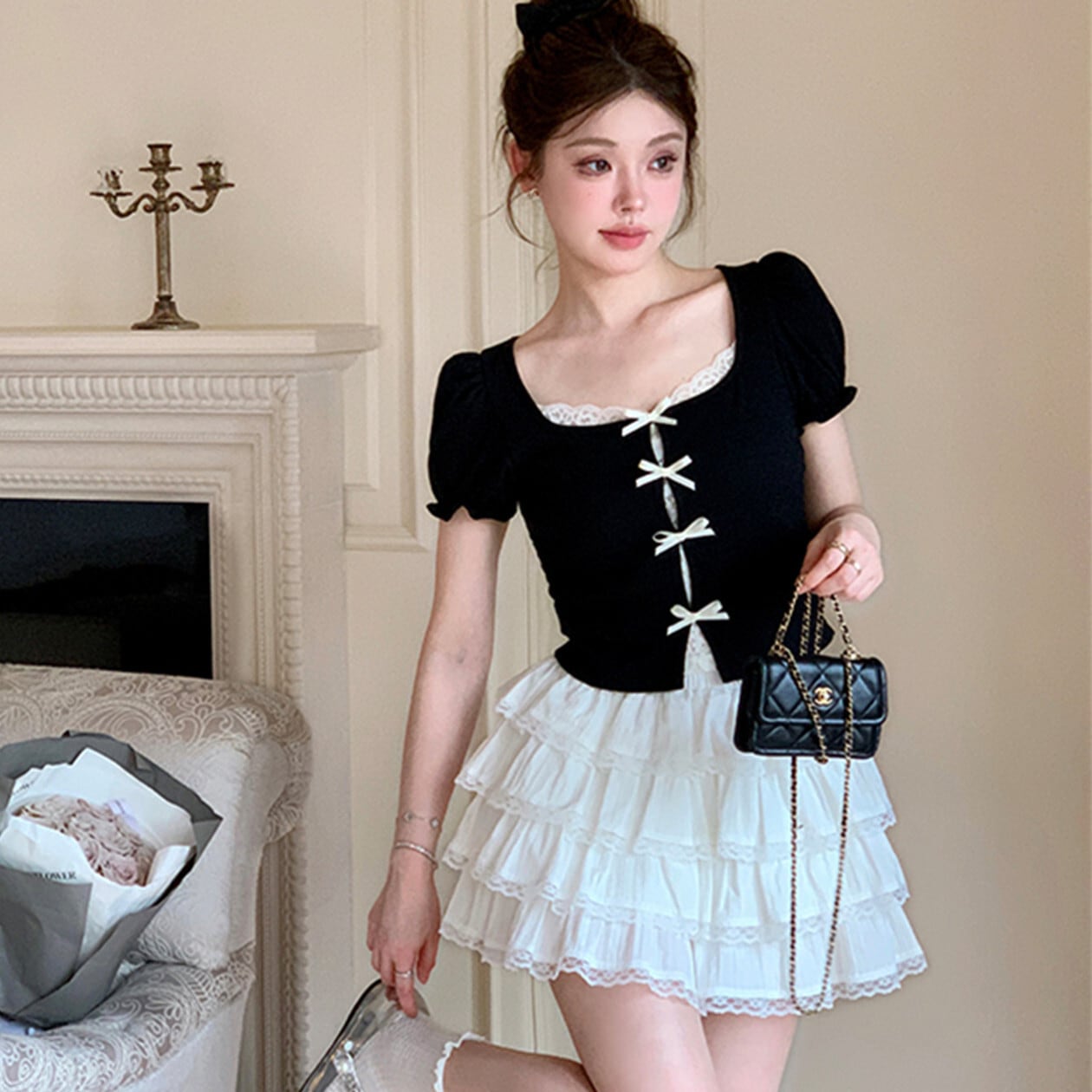 【tops】リボンレースドッキングトップス　N3012