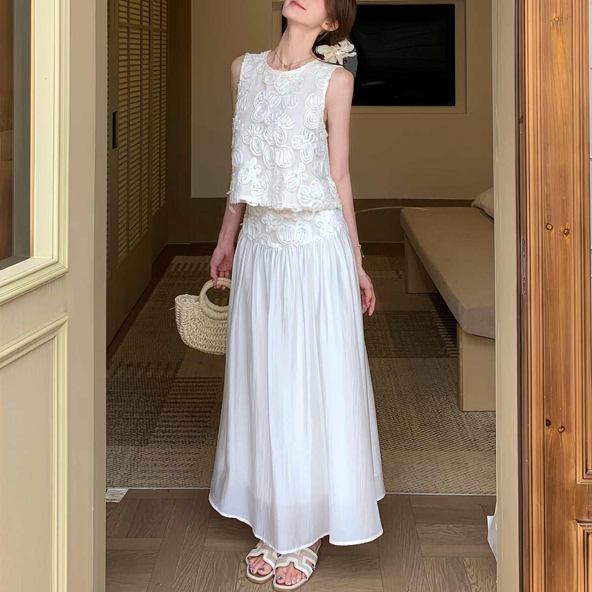 【set】立体感フラワートップス×ロングスカートセット     N3577