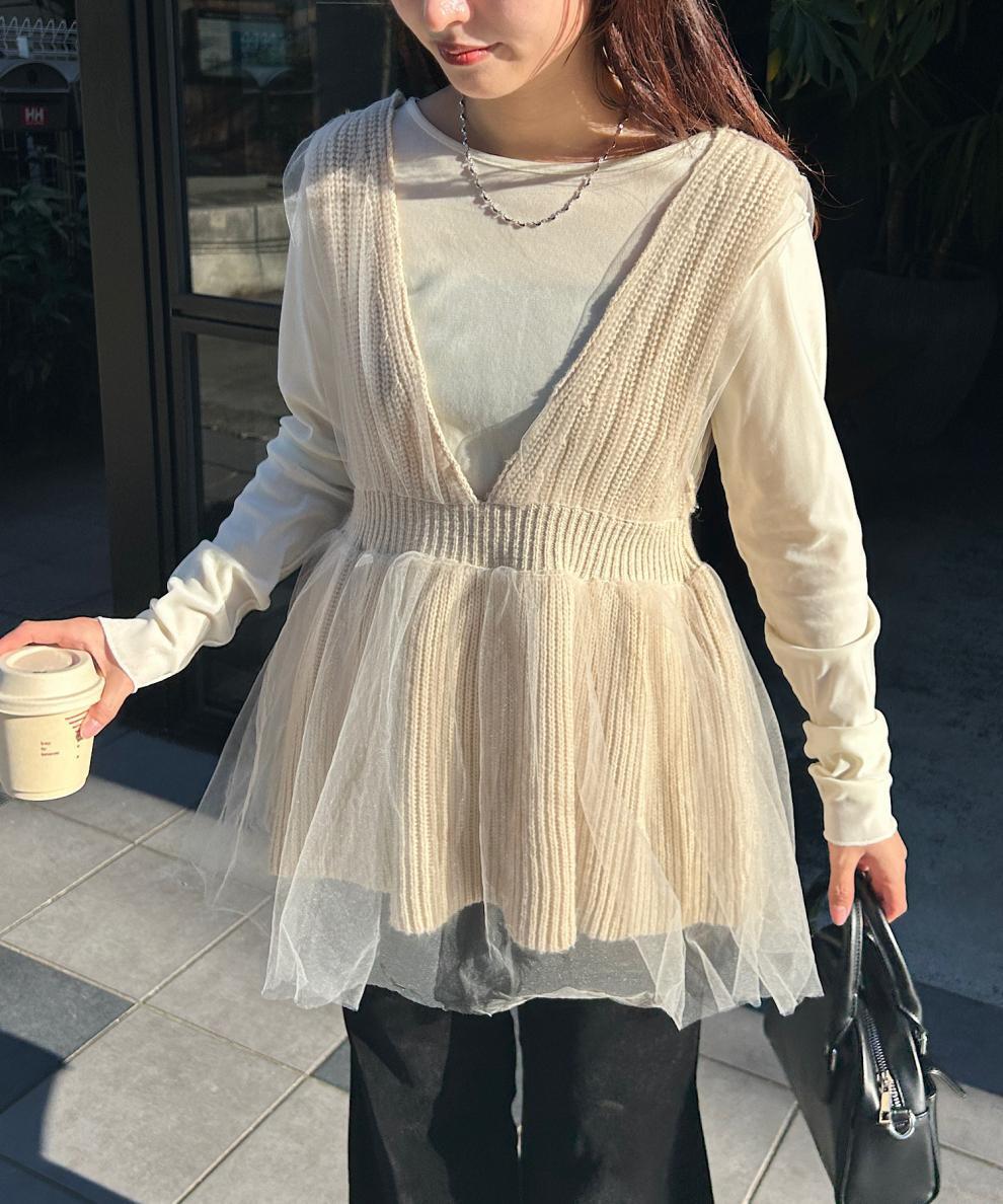 【tops】Vネックチュールコンビニットベスト　M28580