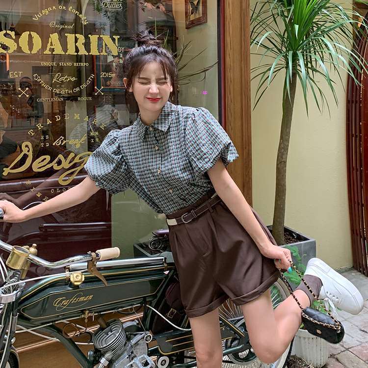 【set】チェック柄ブラウス+ショートパンツ２点セットG21352