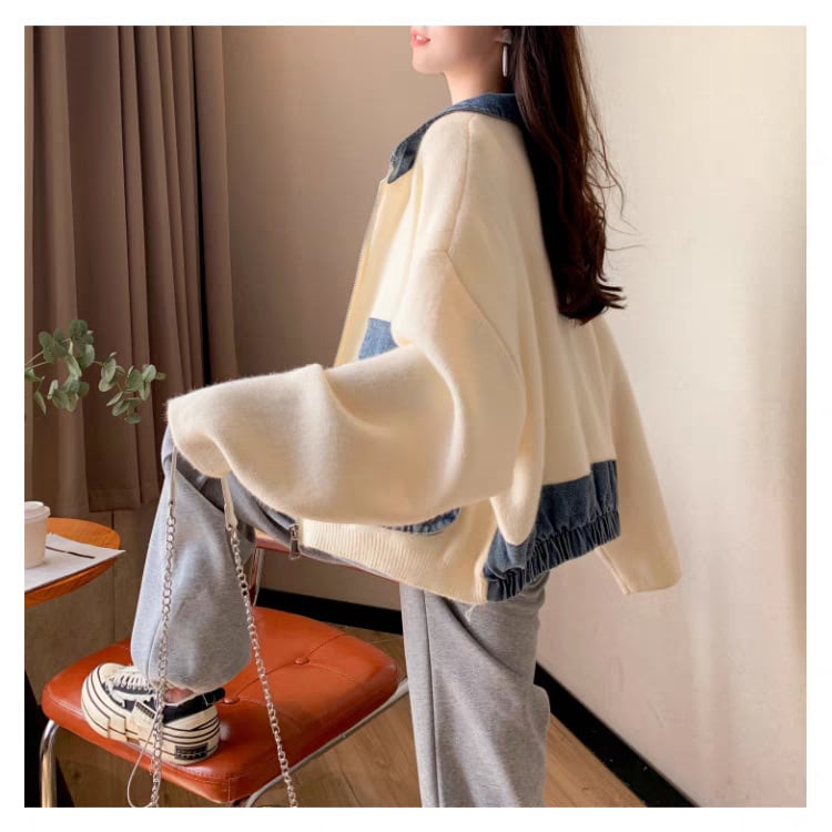 【outer】デニム切り替えニットカーデ　M25745
