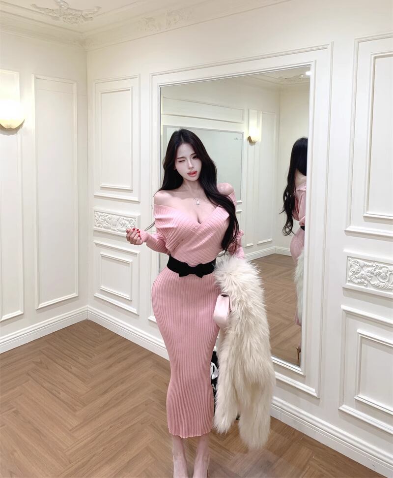 【dress】クロスネックニットワンピース Q7545