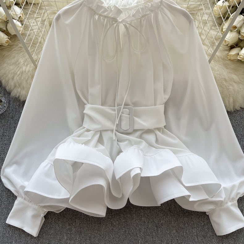 【tops】ウェスト絞りフリルブラウスF6982