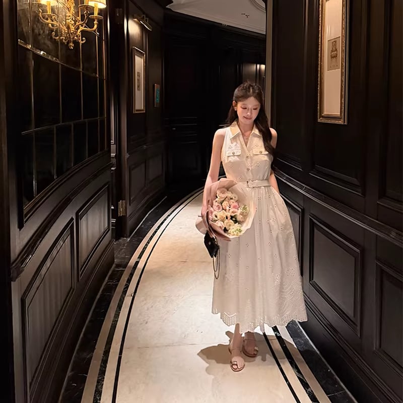 【dress】アイレットレースロングベストワンピース Q8457