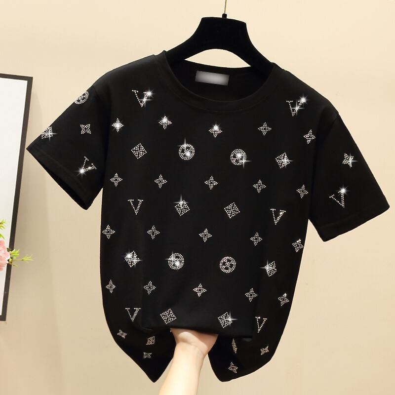 【tops】オシャレ度満点〜夏新作2色ラウンドネック半袖韓国ファッション人気着回しTシャツF2769