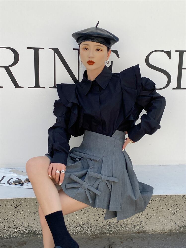 【tops】POLOネック長袖パフ袖ブラウスF7056