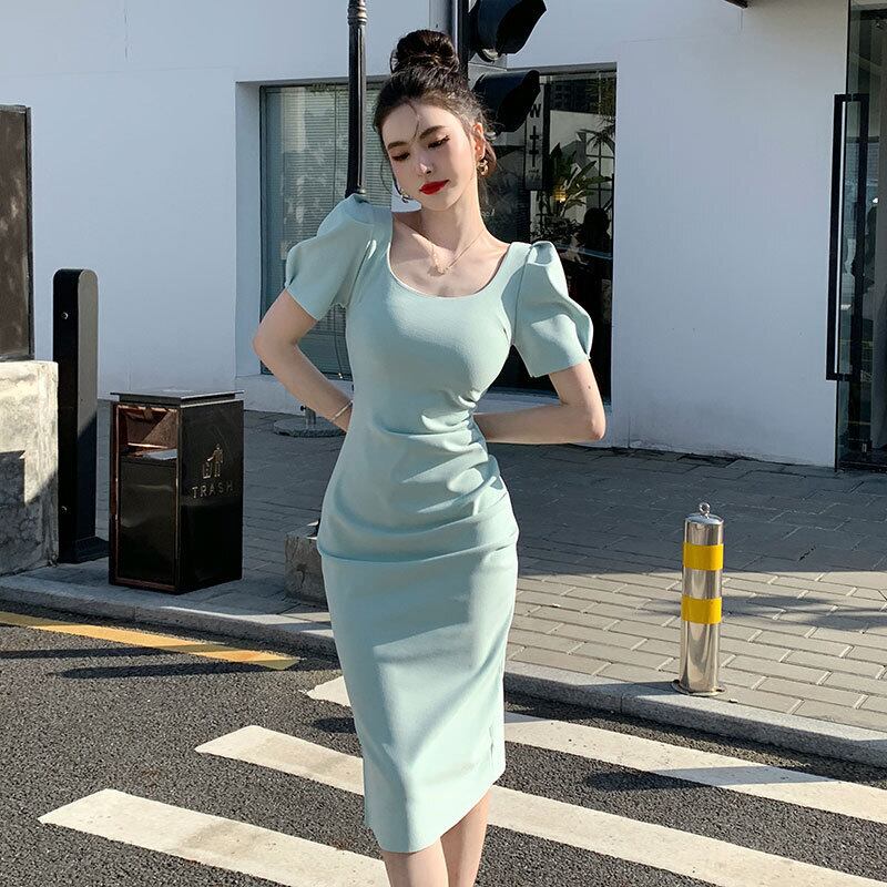 【dress】一目惚れ！韓国風INS風OL通勤スクエアネック半袖パフ袖スリット無地タイトワンピースF2364