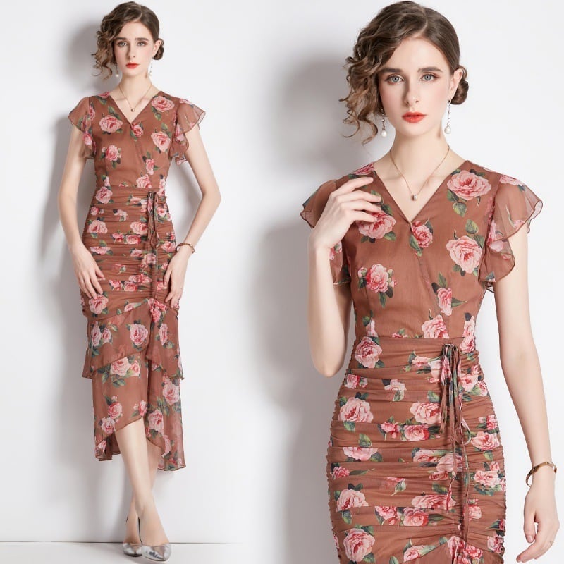 【dress】フリルプリントワンピース　M25062