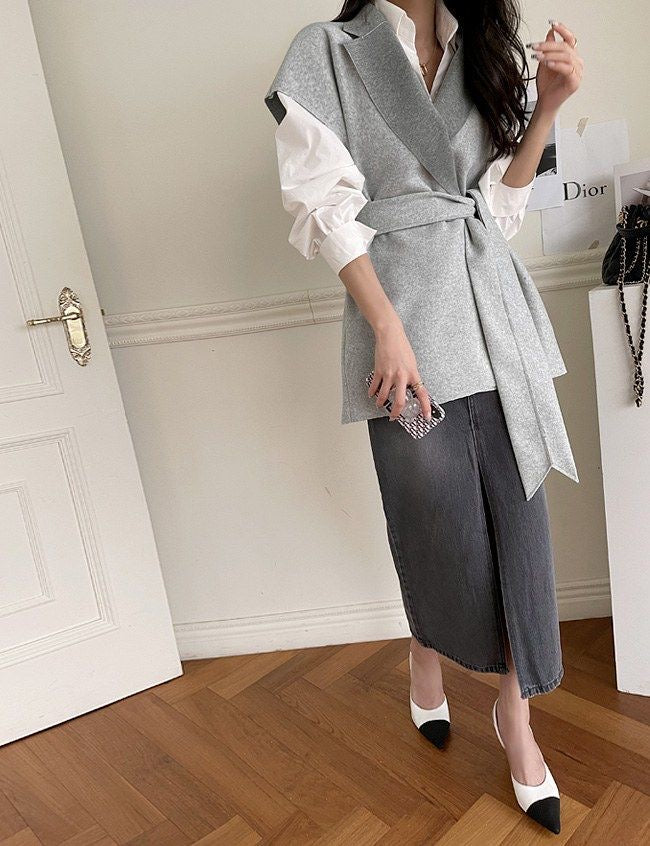 【tops】大きいラペルウエストリボンチョッキF8464