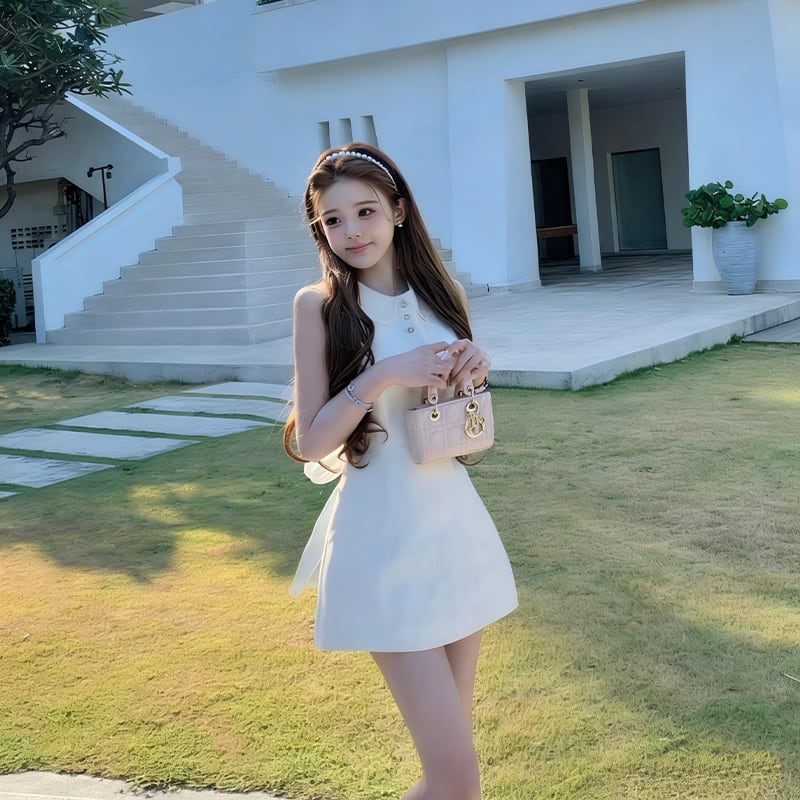【dress】バックリボンレースドッキングミニワンピース Q8390