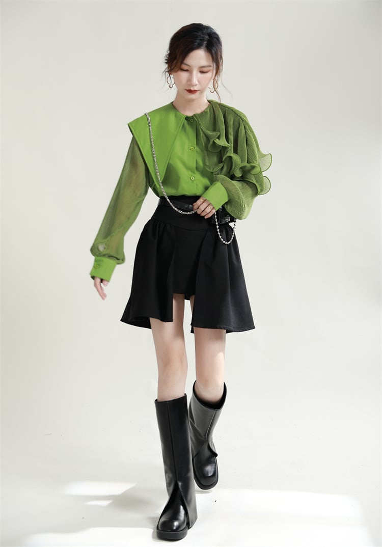 【tops】フリル不規則 イレギュラーシャツブラウス　M29334