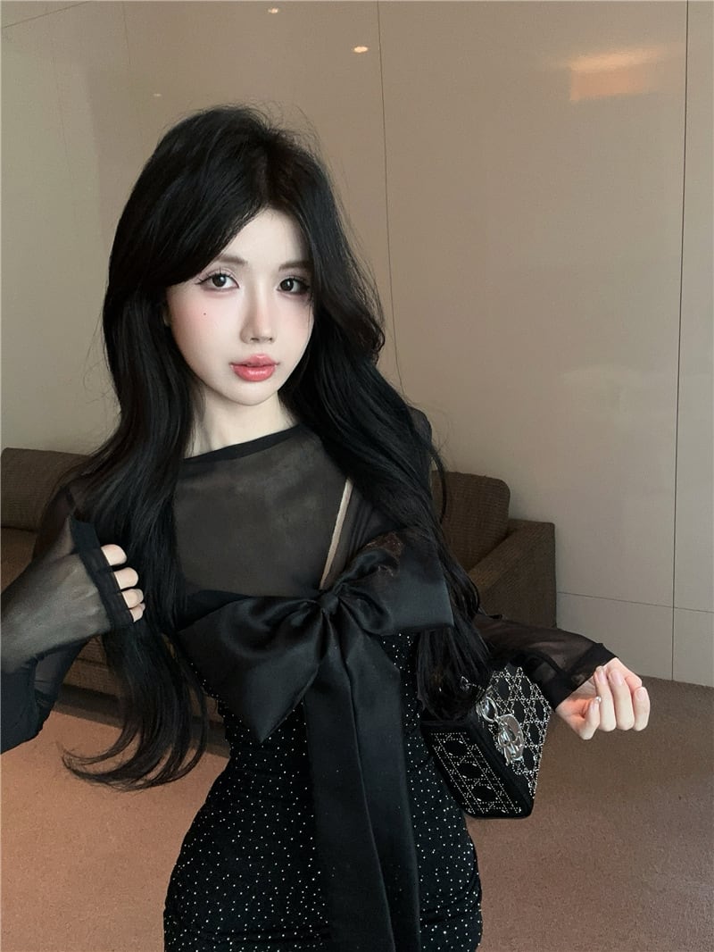 【dress】チュールコンビビジューリボン付きワンピース　M29784