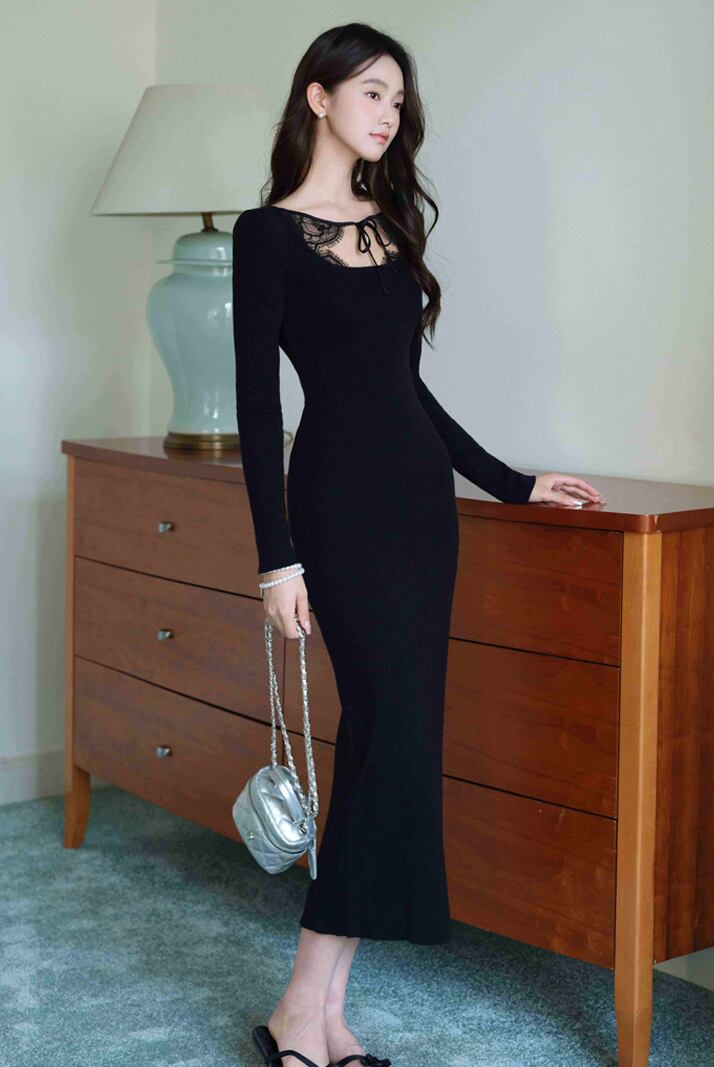 【dress】スクエアネックニットワンピース Q7047