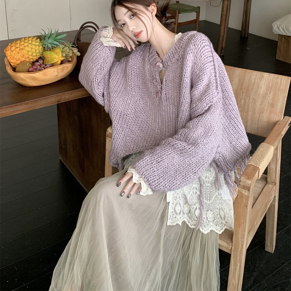 【set】ニットセーター×レーストップス×スカートセット　M27345