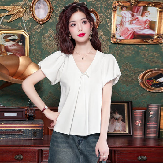 【tops】VネックリボンパフスリーブブラウスG21555