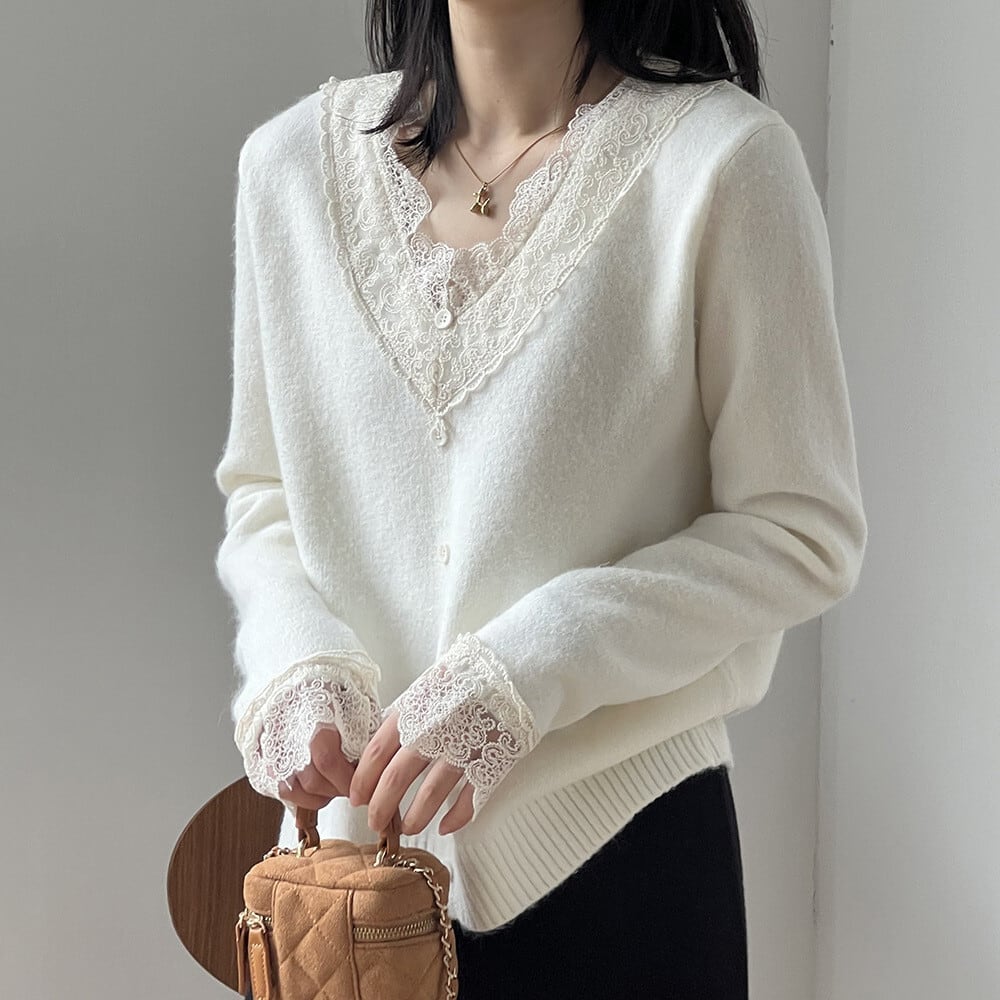 【tops】レースドッキングニットトップス　M28051