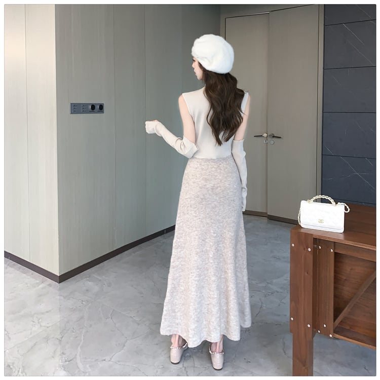 【dress】アームカバー付きドッキングニットワンピース　M28118