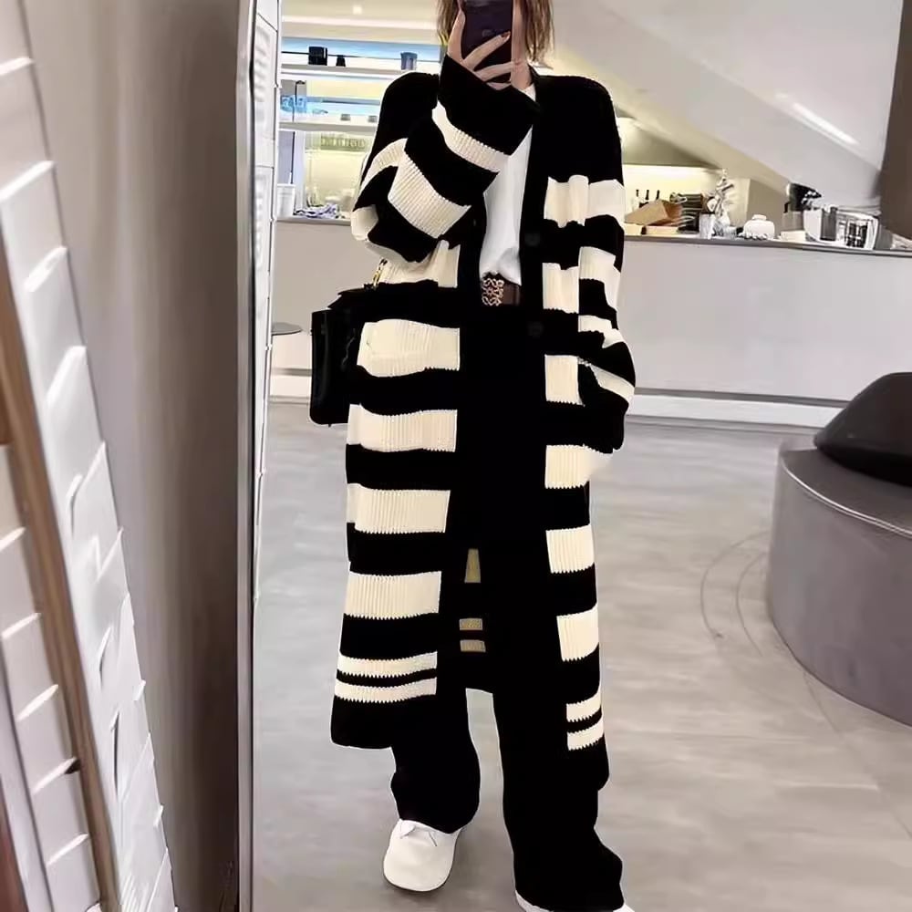 【outer】ボーダー柄ロング丈ニットカーデ　M25902