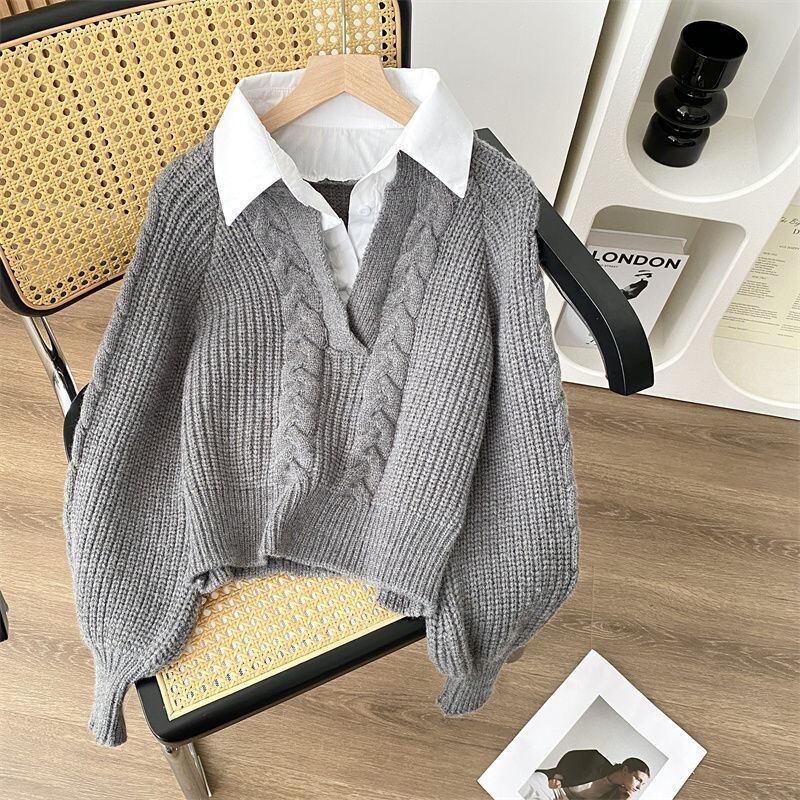 【tops】フェイクレイヤードニットトップス Q6986