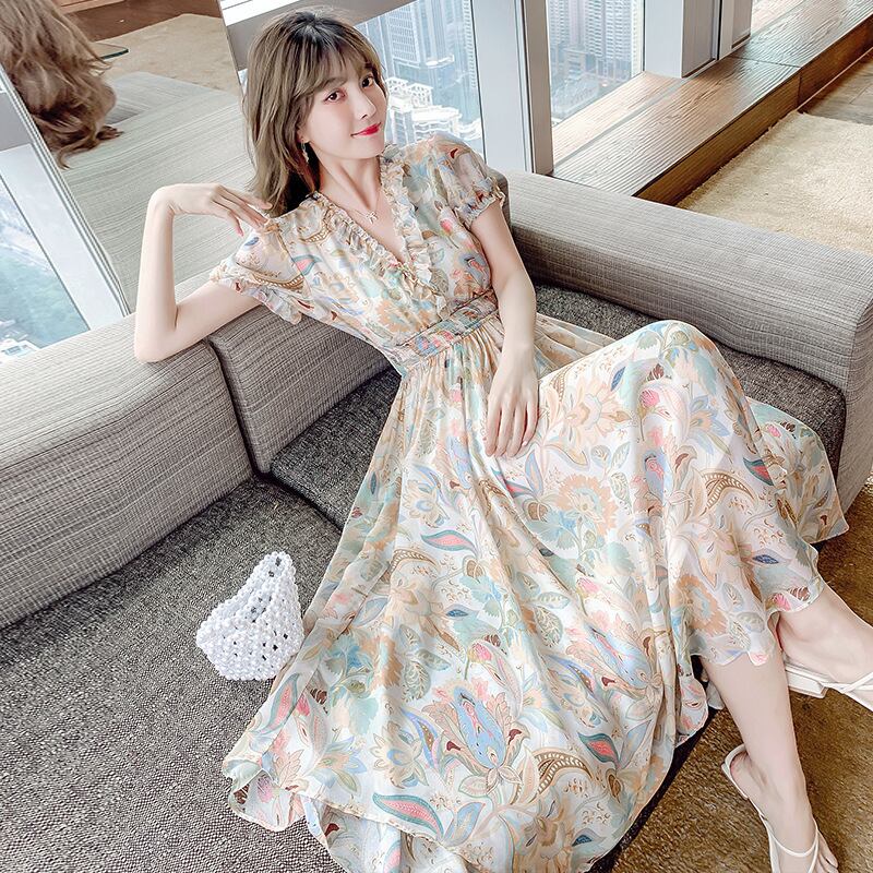 【dress】好感度満載！Vネック半袖夏海旅行シフォン花柄配色ワンピース F0343