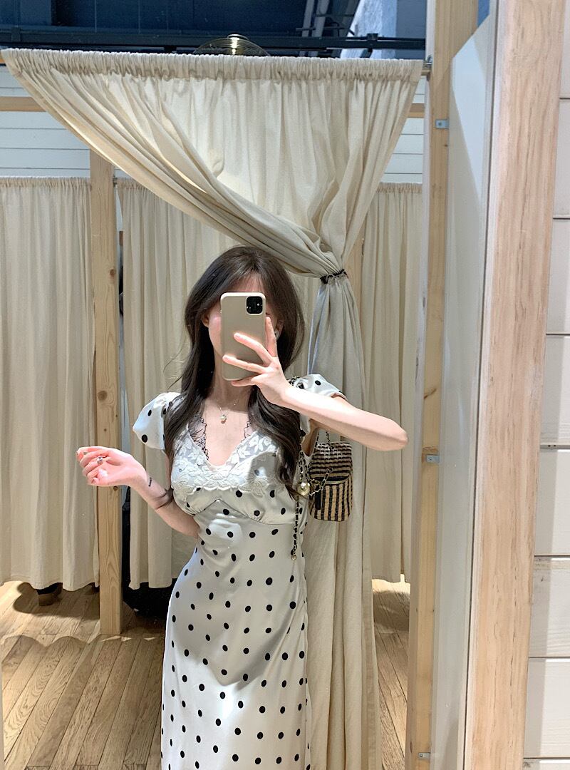 【dress】レースVネックドット柄ワンピース G20640