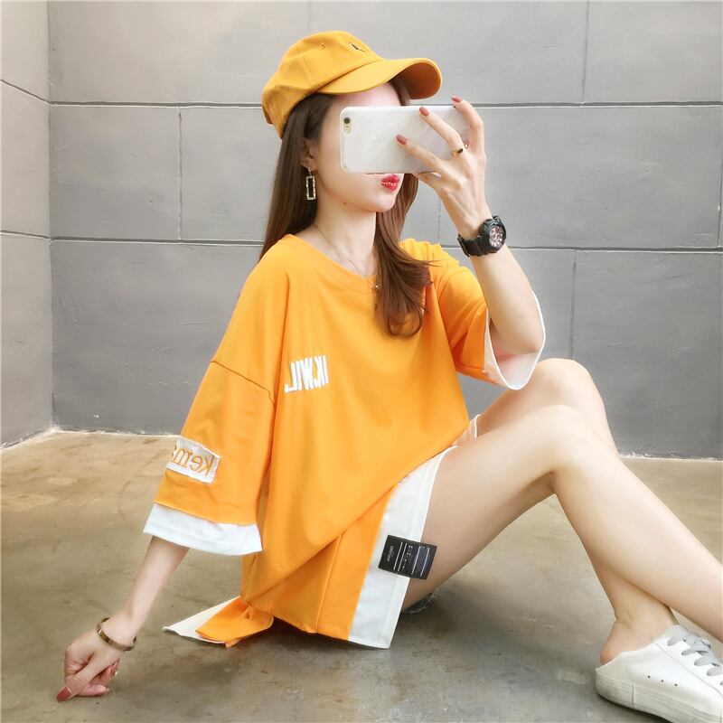 【tops】ラウンドネック半袖カジュアル偽二つ切り替え配色着まわしTシャツ