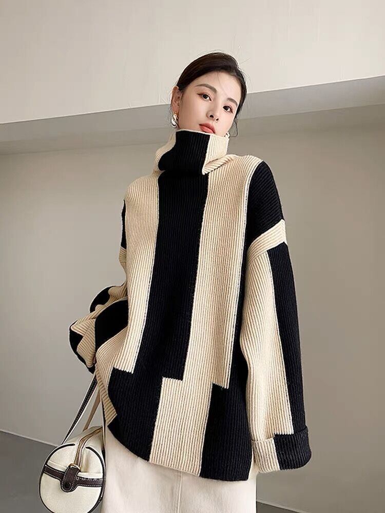 【tops】ハイネック切り替えニットセーター　M18412