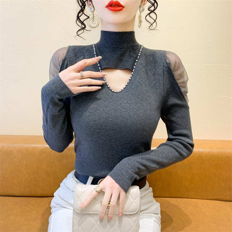 【tops】シースルーショルダーニットトップス　M28082