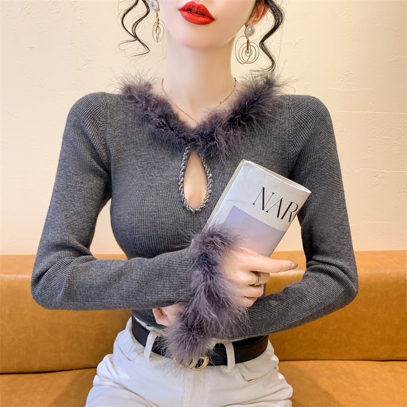 【tops】フェイクファーニットトップス　N2918