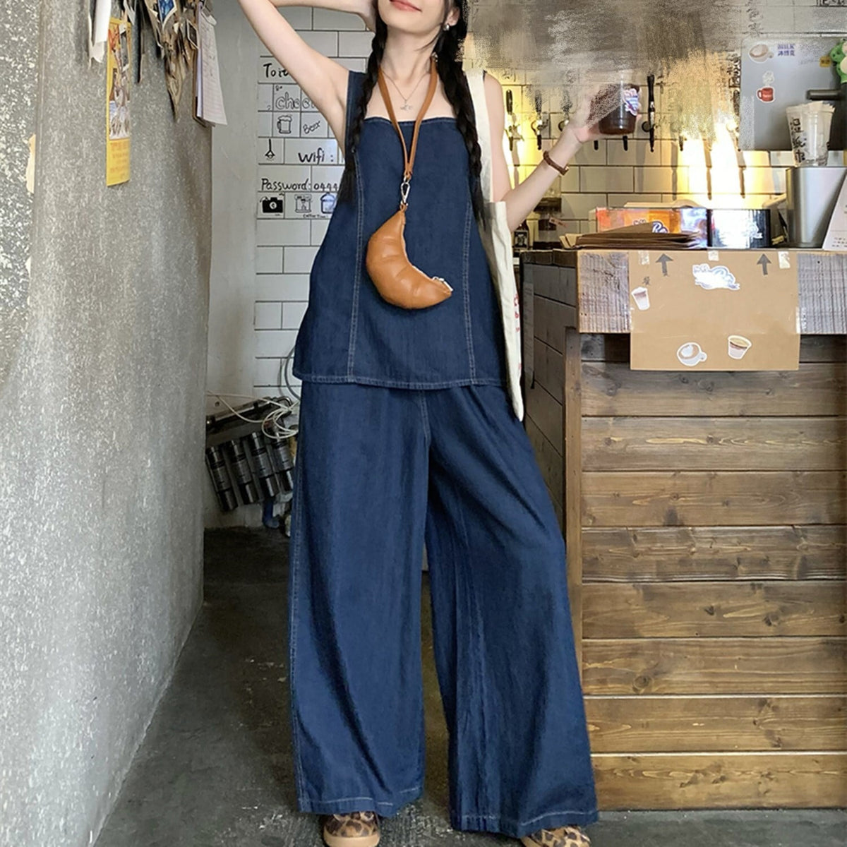 【set】バックリボンデニムトップス×ワイドパンツセット    N2682
