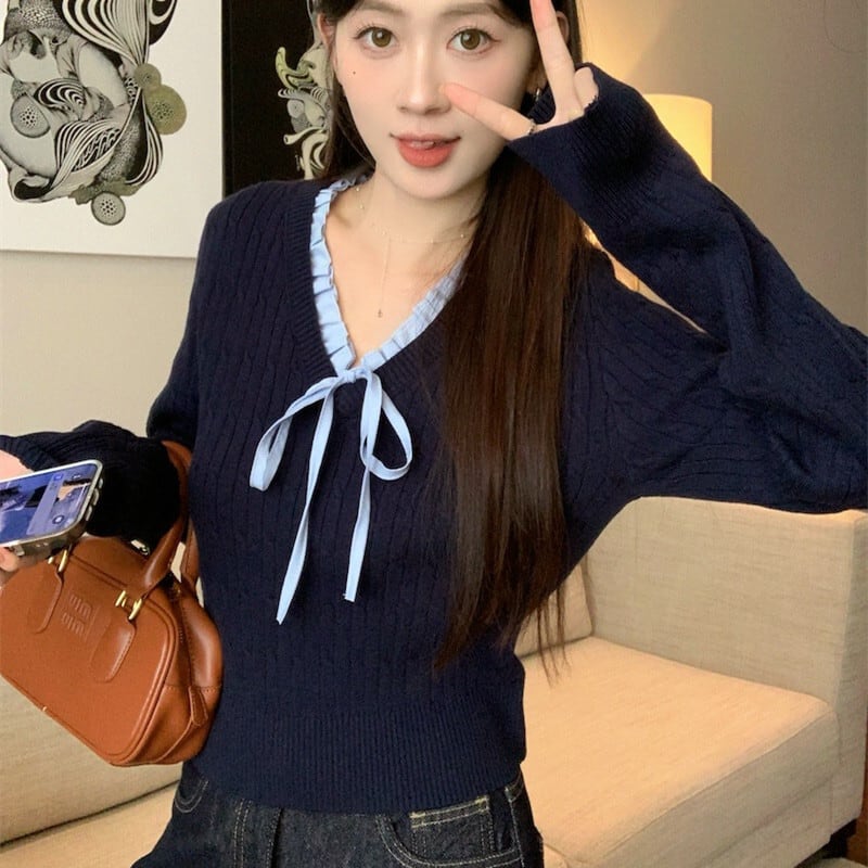 【tops】Vネックリボン付きニットトップス　M27739