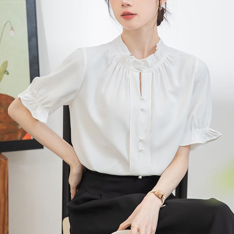 【tops】フリルスタンドネックOL通勤ブラウスG21076